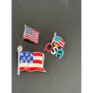 Set Of 3 USA Flag Enamel Lapel Pins Patriotic Design Gold-Tone & Red/White/Blue